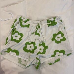 Le Lis Green and White Athletic Shorts with Floral Design